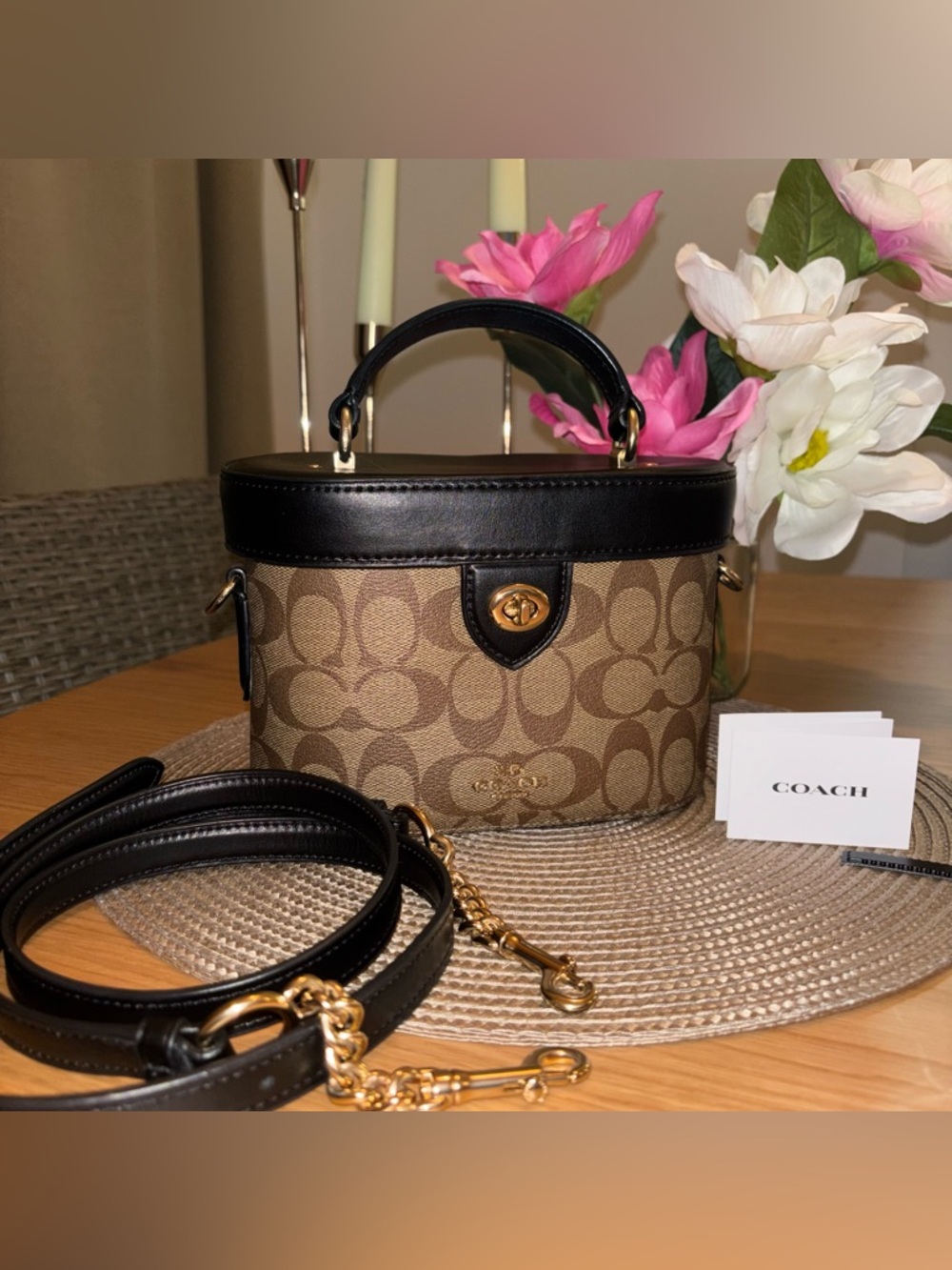 Coach Signature Kay Turn Lock LEATHER canvas Khaki Brown Crossbody handbag